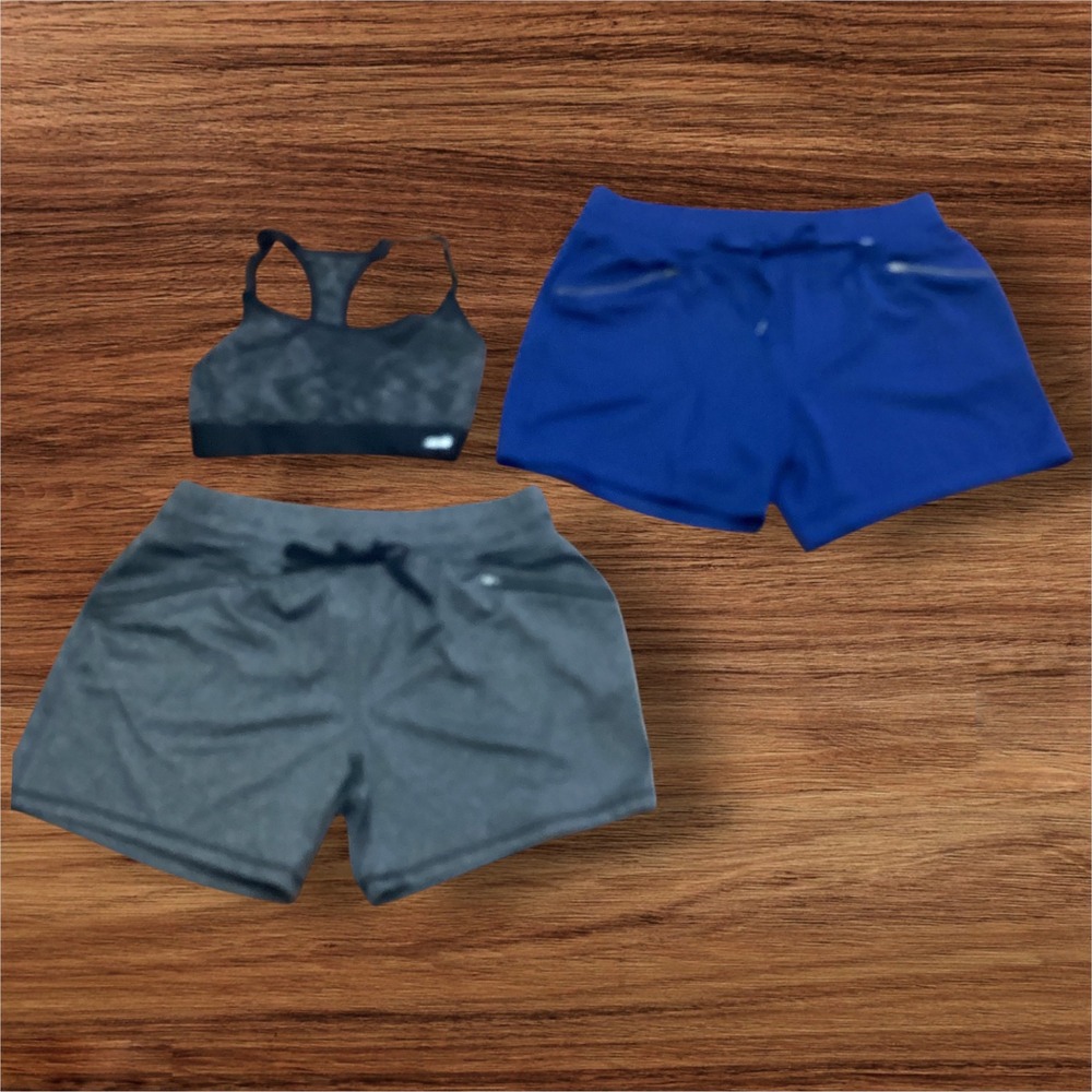 Avia Womens 3 Piece Activewear Set Medium Sports Bra and 2 Pairs Running Shorts